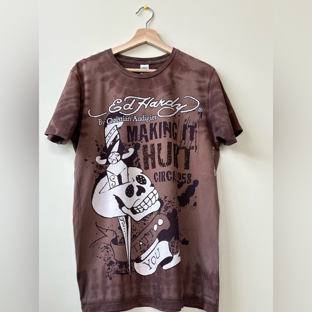 Ed Hardy - Y2K Era Brown Skull Graphic Tee - Size L - Picture 5 of 15